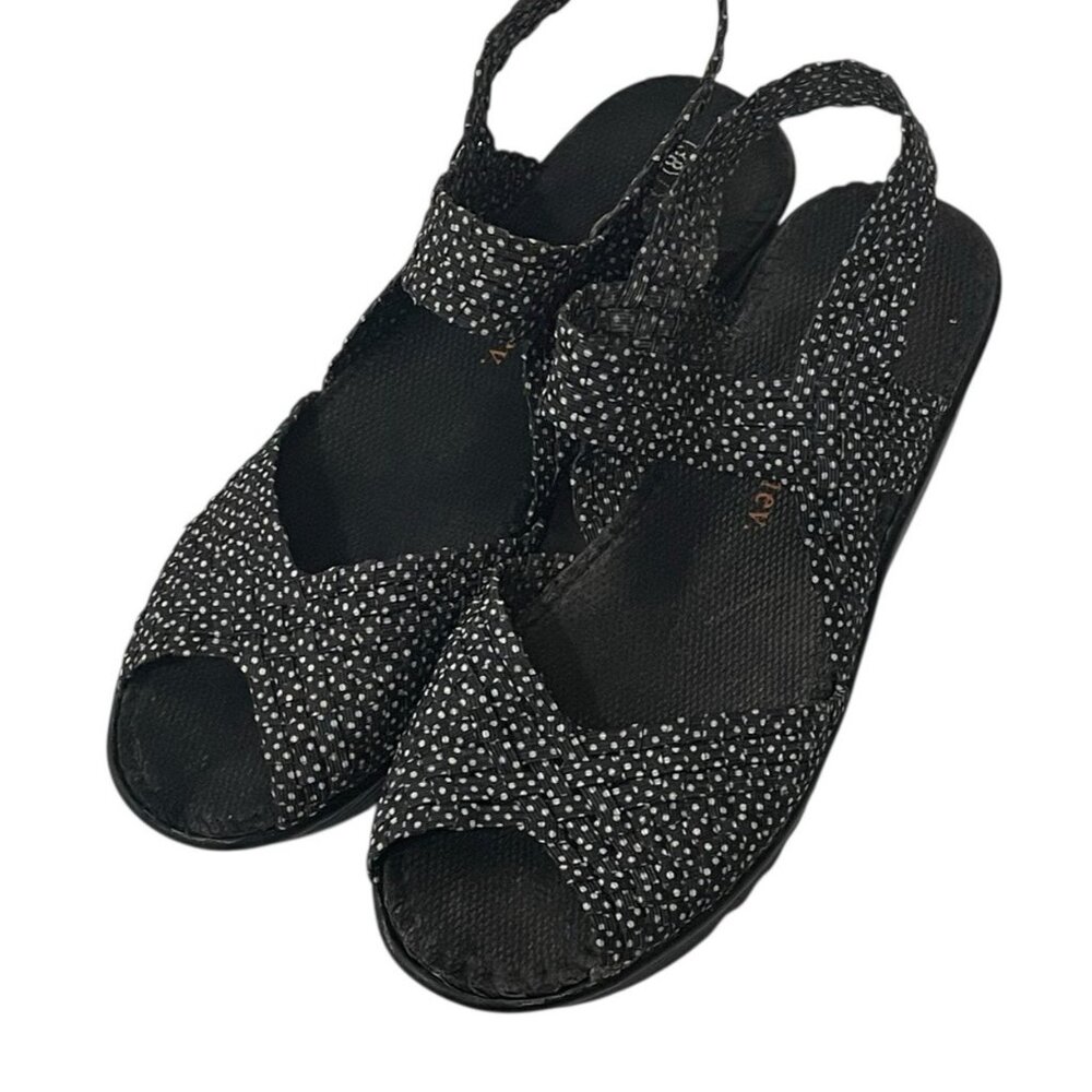 Bernie Mev Womens Polka Dot Sandals Peep Toe Wedge Black White Comfort 38 US 7 - Picture 2 of 9